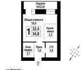 1-комн, 34 кв м, этаж 2/9 улица Чеглецова, 25А
