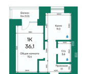 1-комн, 36 кв м, этаж 8/10 Просторная улица, 390к2