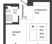 1-комн, 31 кв м, этаж 2/21 улица Шумакова, 7