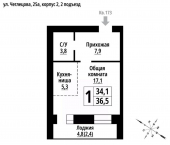 1-комн, 36 кв м, этаж 9/9 улица Чеглецова, 25А