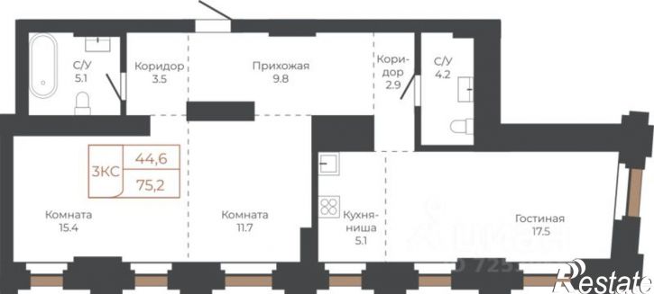 3-комн квартира в новом доме площадь Баварина