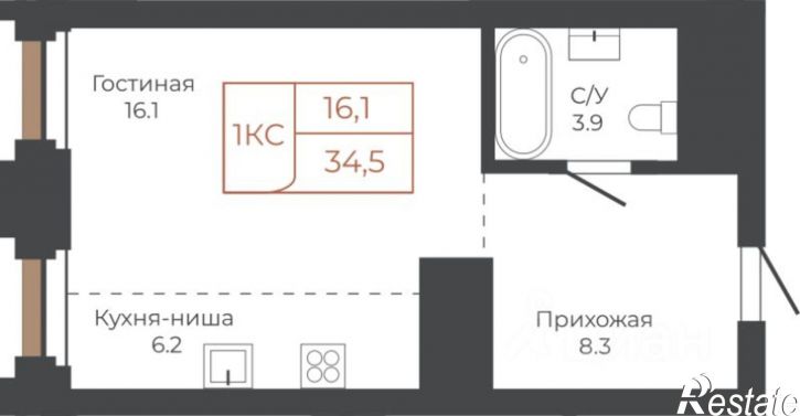 1-комн квартира в новом доме площадь Баварина