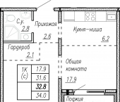 1-комн, 32 кв м, этаж 2/16 улица Папанинцев, 165